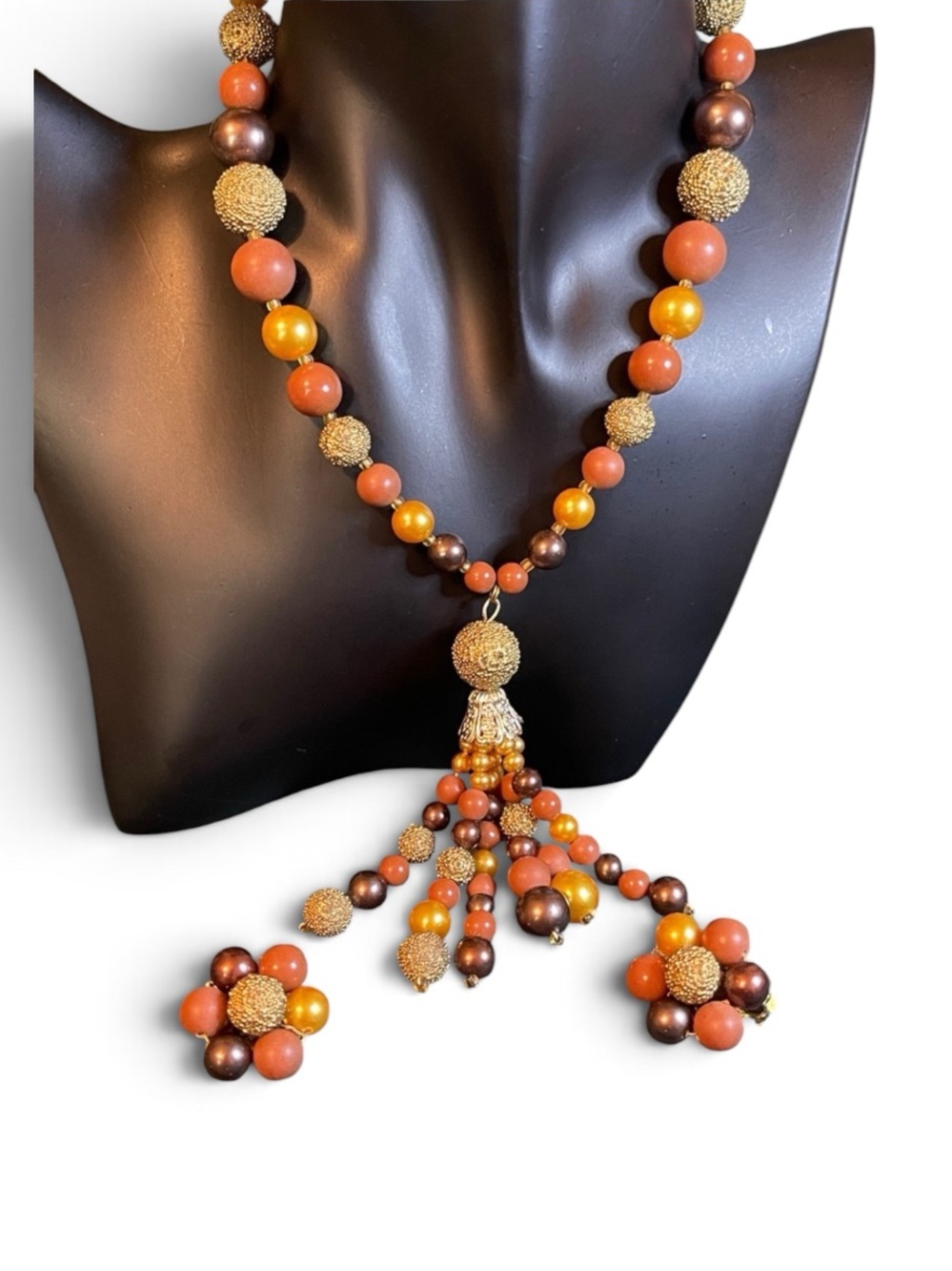 1960’s Japan Multi-Colored Beaded Tassel Necklace & Clip-On Earring Set - Picture 1 of 9